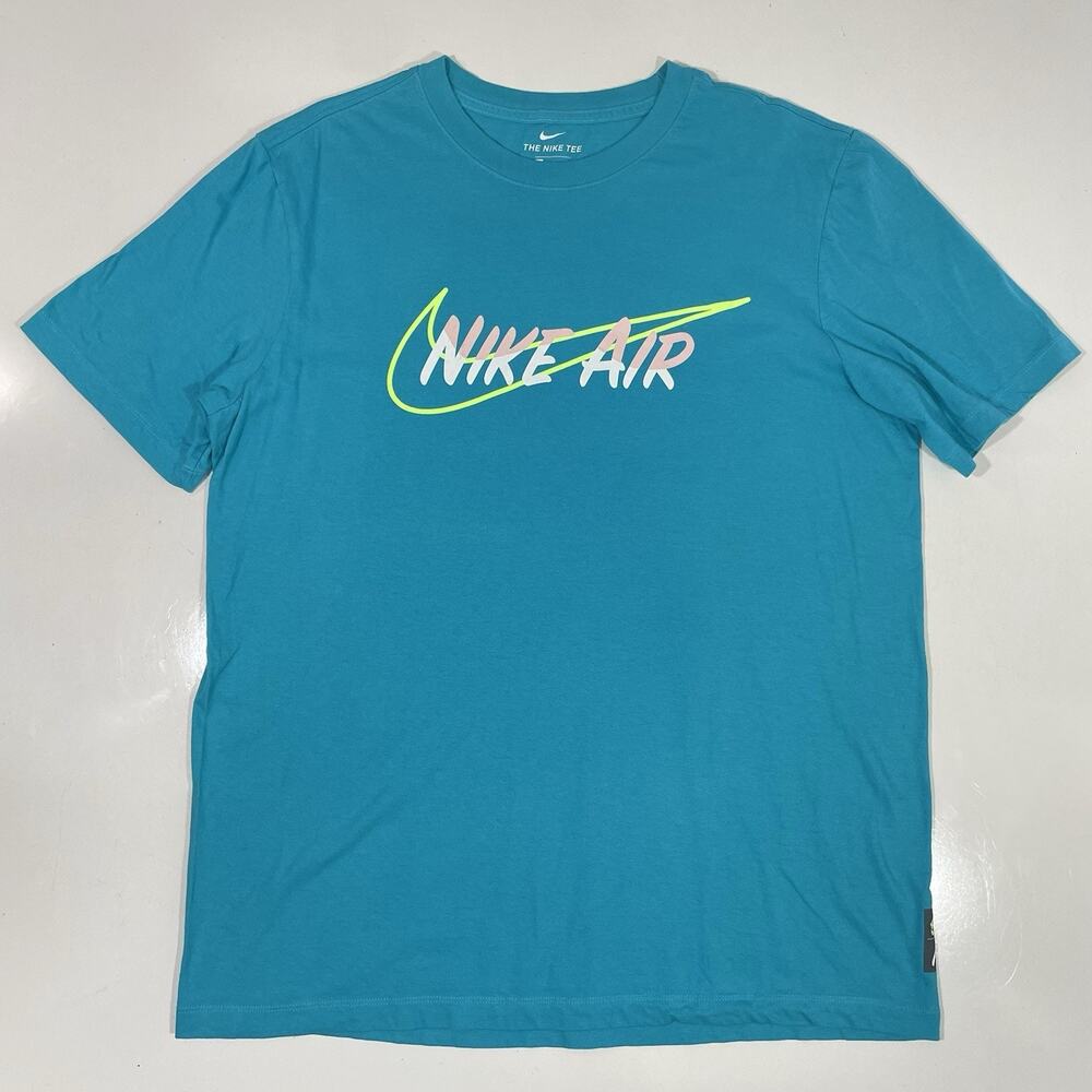 The Nike Tee Men’s Large Teal T-shirt 100% cotton Neon Yellow Swoosh